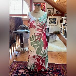 FIORI di ZUCCA 100% Silk Floral Dress Size 8 Bias Cut High Low Fishtail Tie Neck